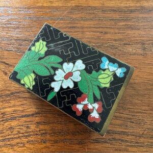 Vintage Black Cloisonne Matchbox Holder Floral Older Estate Find